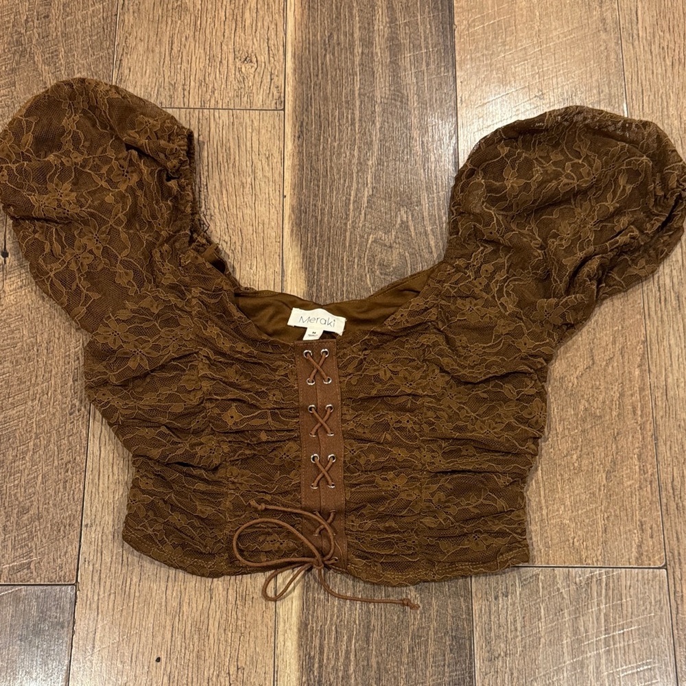 Meraki Chocolate Lace Puff Sleeve Blouse
